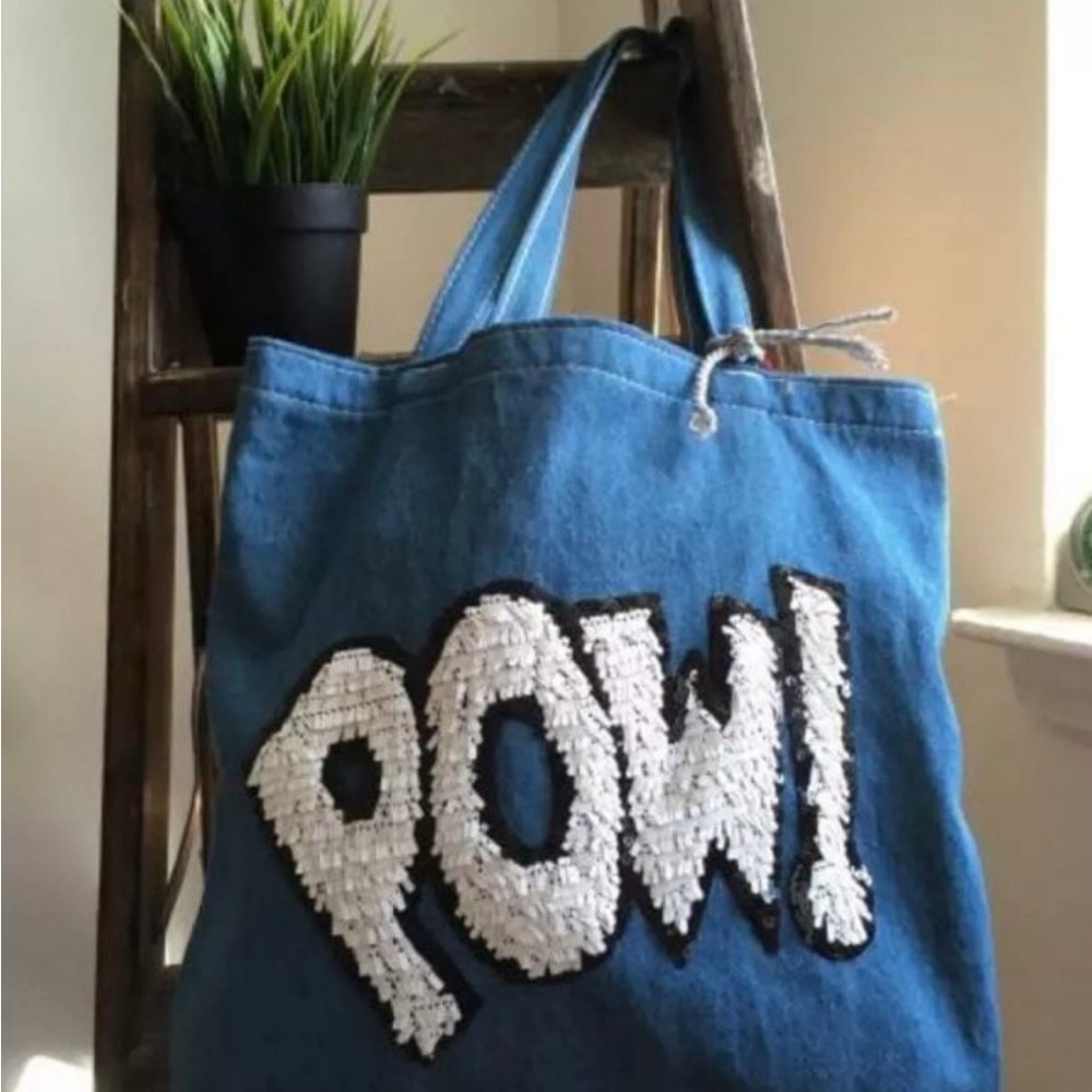 Zhuu USA POW! Denim Tote Bag Denim Tote Bag with 'POW!' Design